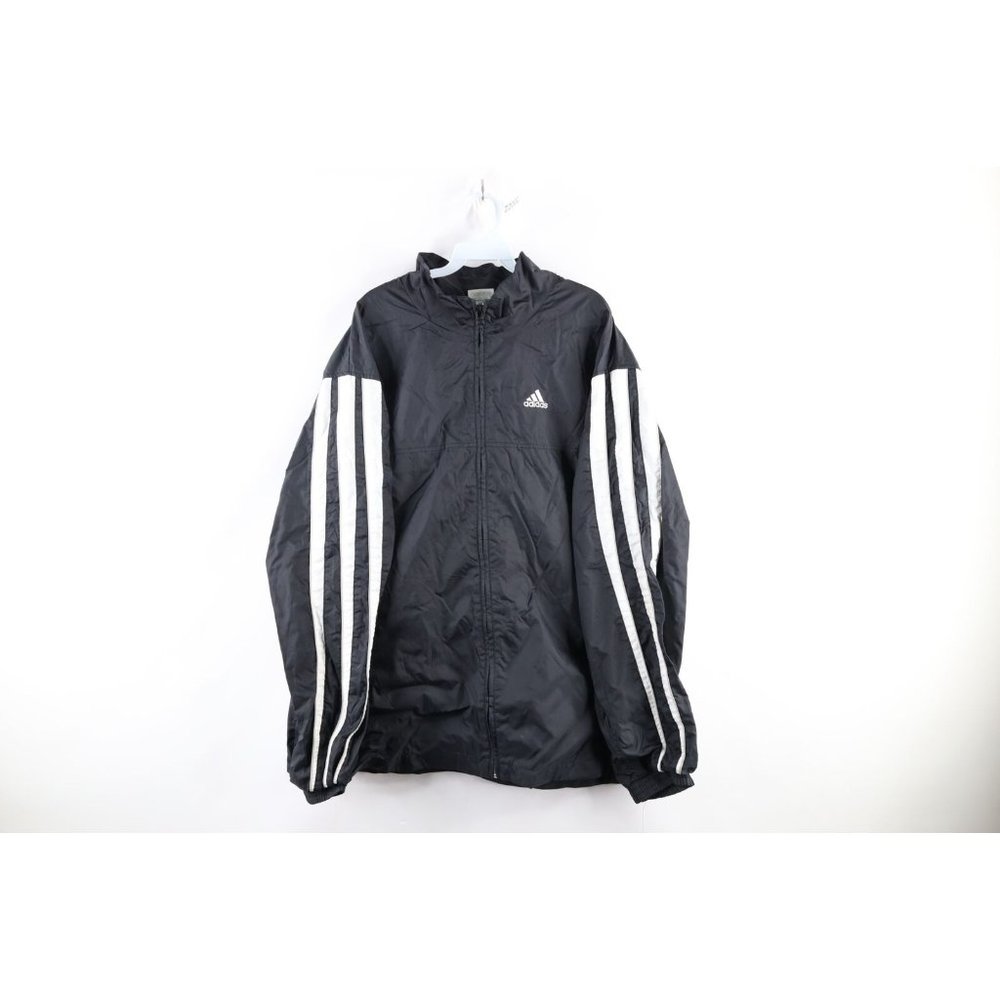 Vintage 90s Adidas Mens XL Spell Out Striped Lined Full Zip Windbreaker Jacket - Picture 1 of 12